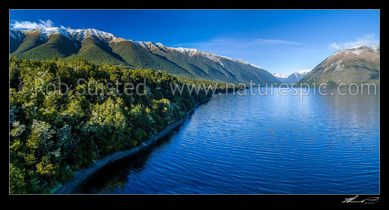 Image of Lake Rotoiti, Nelson Lakes National Park. St Arnaud Range at left, with Travers River Valley and Robert Ridge at right. Kerr Bay. Aerial panorama, St Arnaud, Tasman District, Tasman Region, New Zealand (NZ) stock photo image