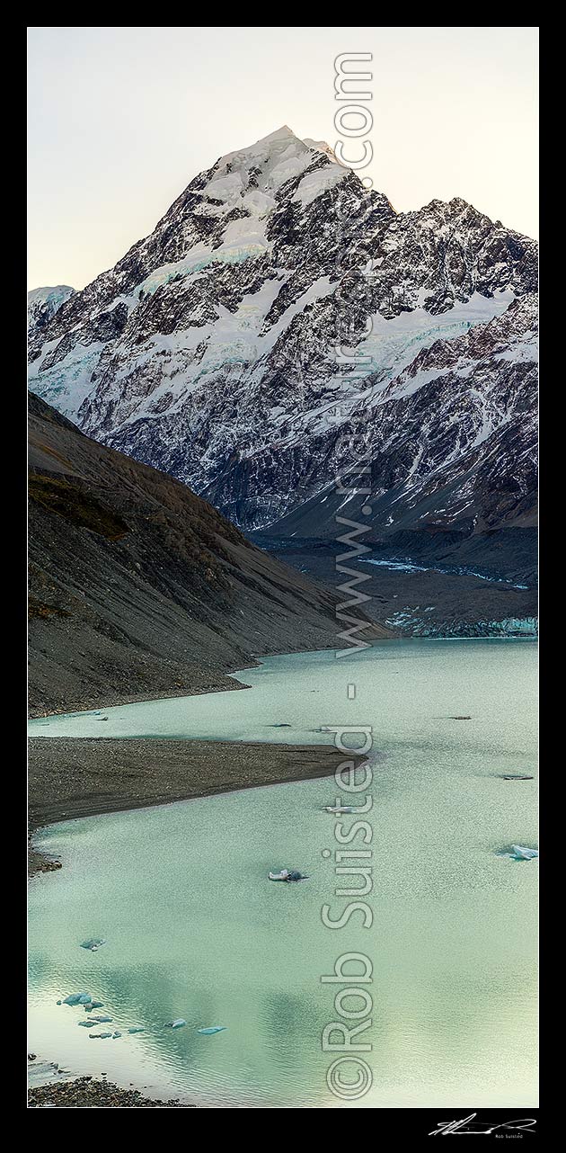 Image of Aoraki / Mount Cook (3754m) above Hooker Glacier and Hooker Lake with floating ice. Vertical panorama, Aoraki / Mount Cook National Park, MacKenzie District, Canterbury Region, New Zealand (NZ) stock photo image