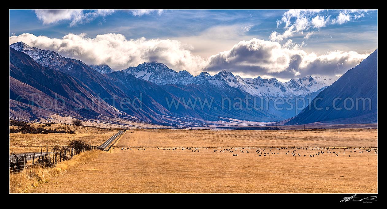 Image of Ahuriri River Valley at Ben Avon Station. Broad open upper valley with Huxley Range at left, Barrier Range at night. Ahuriri Conservation Park beyond. Panorama, Ahuriri River, Waitaki District, Canterbury Region, New Zealand (NZ) stock photo image