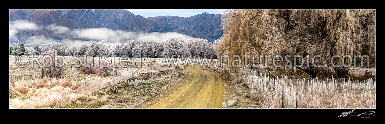 Image of Heavy frost, or hoar frost, amongst riverflats, farmland road and trees near Omarama. Panorama, Omarama, Waitaki District, Canterbury Region, New Zealand (NZ) stock photo image