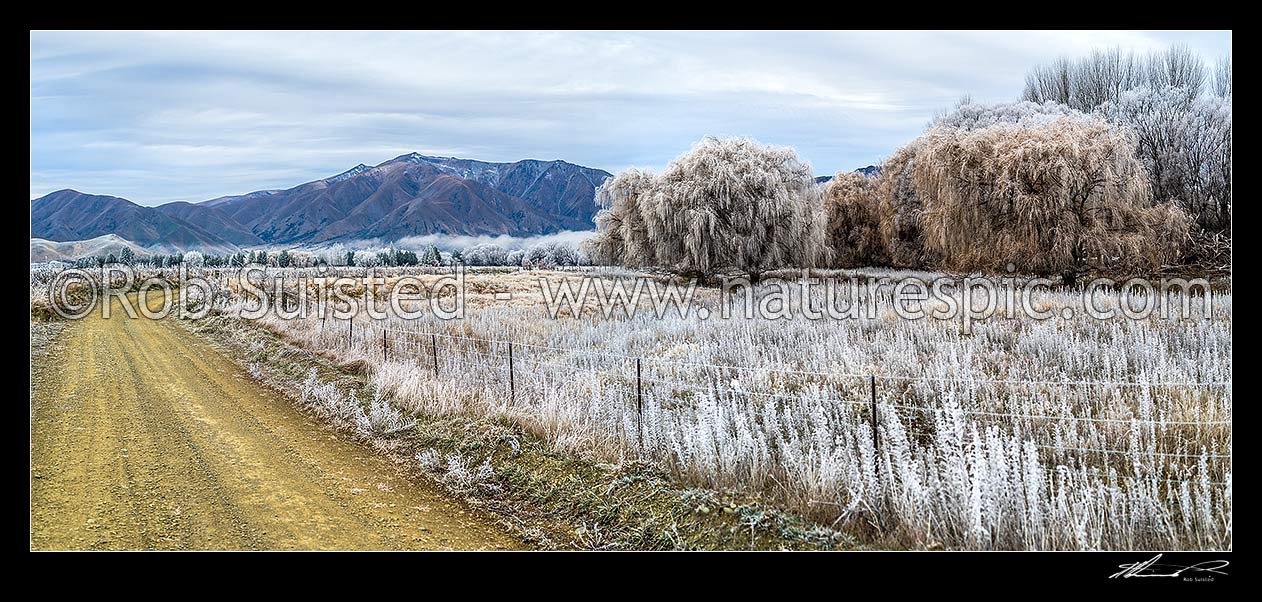 Image of Omarama winter frost. Ahuriri River flats with hoar frost coating pasture and trees. Benmore Range beyond. Panorama, Omarama, Waitaki District, Canterbury Region, New Zealand (NZ) stock photo image