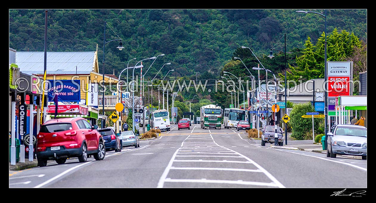 Image of Featherston town. Main Street (State Highway 2,SH2). Panorama, Featherston, South Wairarapa District, Wellington Region, New Zealand (NZ) stock photo image