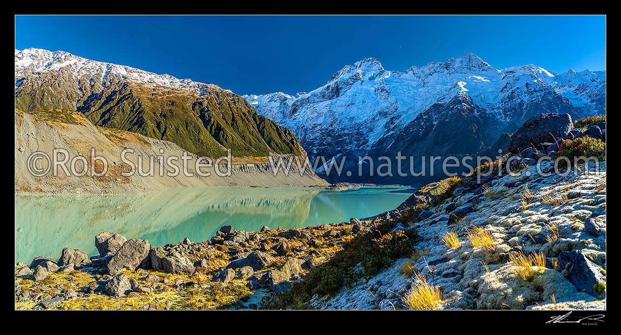 Image of Mt Sefton (3151m centre) and Footstool (2764m right) above the Mueller Glacier lake and valley. Southern Alps, Main Divide. Panorama, Aoraki / Mount Cook National Park, MacKenzie District, Canterbury Region, New Zealand (NZ) stock photo image