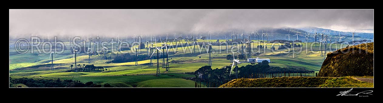 Image of Tararua Wind Farm turbines above Palmerston North. NZ's largest windfarm operated by Tilt Renewables, on the Tararua Range. Capacity of 160 megawatts. Panorama, Aokautere, New Zealand (NZ) stock photo image