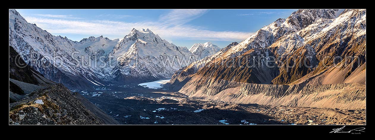 Image of Tasman Glacier Valley with Mount De La Beche (2950m) and Minarets (3040m) centre left, Rudolf Glacier left, joining the Tasman Glacier (centre). Southern Alps panorama, Aoraki / Mount Cook National Park, MacKenzie District, Canterbury Region, New Zealand (NZ) stock photo image