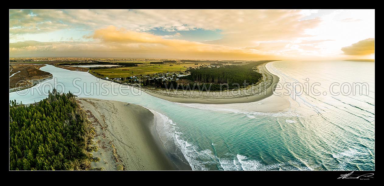 Image of Waimakariri River mouth, looking north over Kairakai and The Pines Beach. Aerial panorama at dawn, Kaiapoi, Waimakariri District, Canterbury Region, New Zealand (NZ) stock photo image