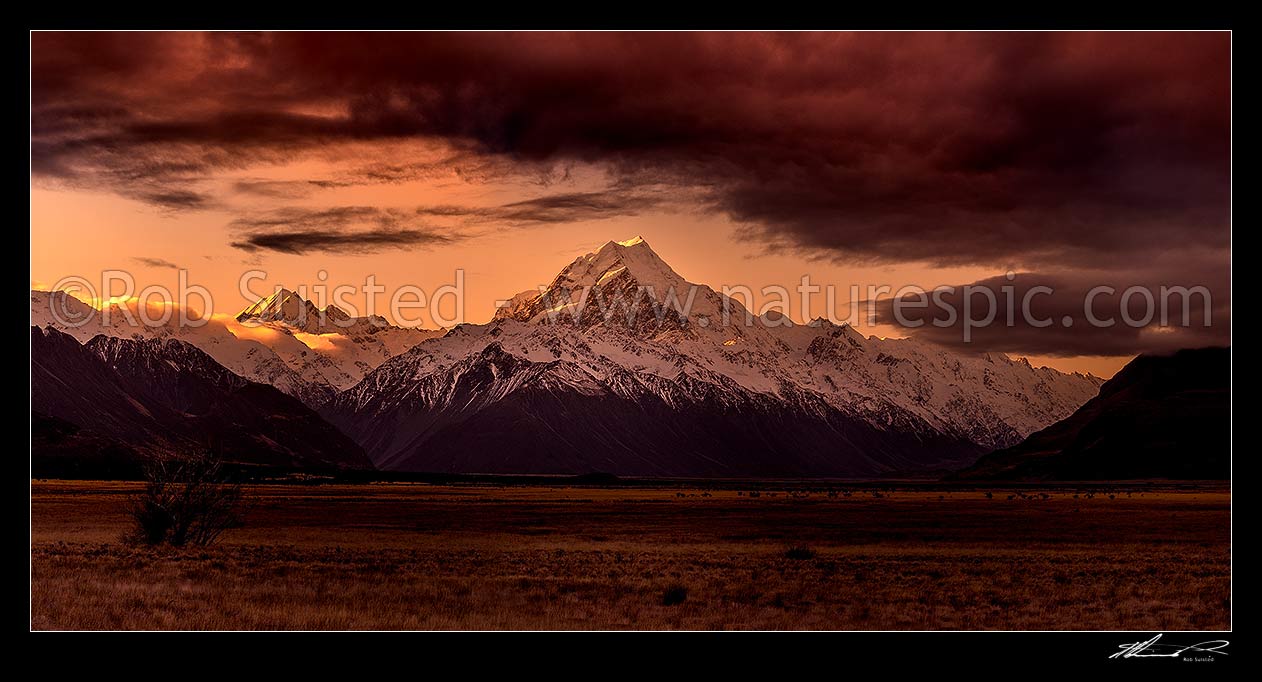 Image of Aoraki Mount Cook sunset. Tasman Valley at dusk. Mt Cook Range centre, Mt Sefton and Hooker Valley left, Tasman Valley right. Panorama, Aoraki / Mount Cook National Park, MacKenzie District, Canterbury Region, New Zealand (NZ) stock photo image