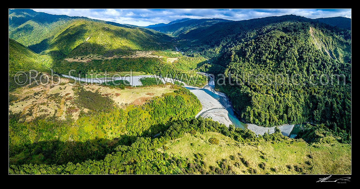 Image of Otaki Forks. Confluence of the Waitatapia Stream (bottom left), Otaki River (centre left) and Waiotauru Stream (above centre). Tararua Forest Park. Aerial panorama view, Otaki Forks, Kapiti Coast District, Wellington Region, New Zealand (NZ) stock photo image