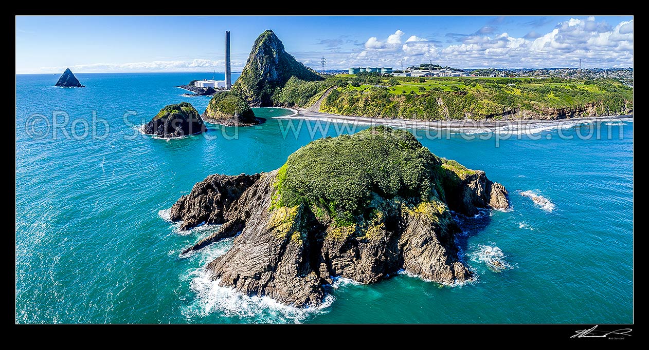 Image of Sugarloaf Islands Nga Motu, in front of Paritutu Rock (154m) and power station chimney at Port. Motuotamatea Island (Snapper Rock) in foreground. Aerial panorama, New Plymouth, New Plymouth District, Taranaki Region, New Zealand (NZ) stock photo image