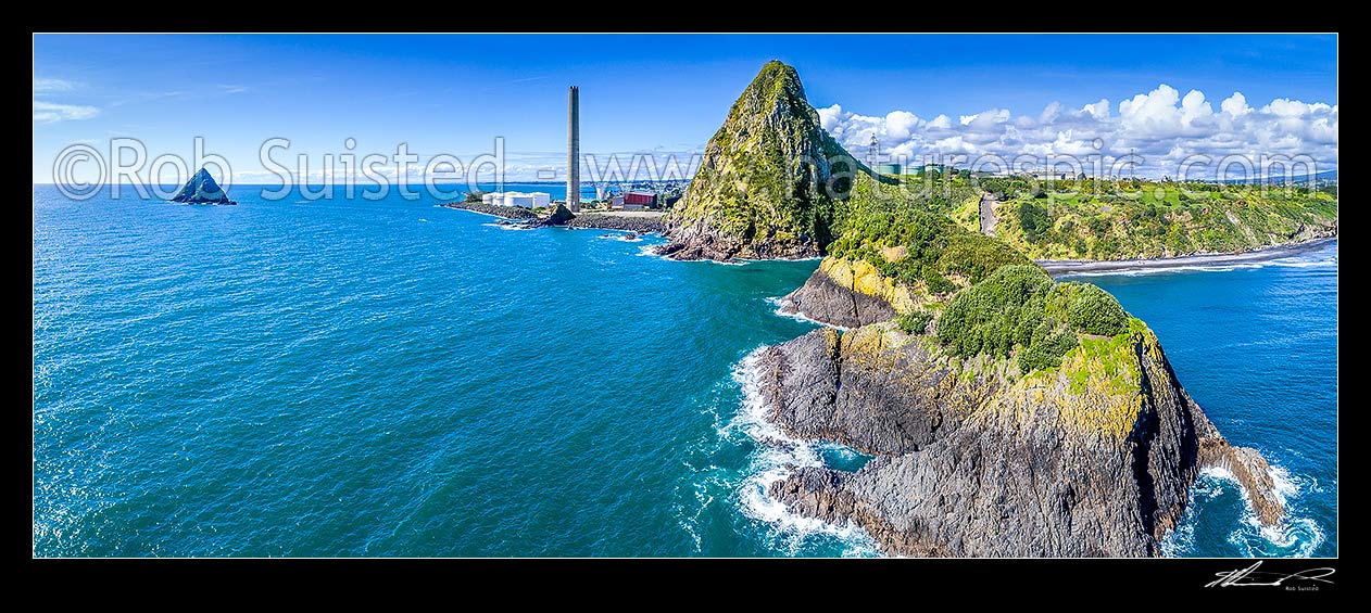 Image of Sugarloaf Islands Nga Motu, in front of Paritutu Rock (154m) and power station chimney (198m).  Pararaki (Seagull Rock) and Mataora (Round Rock) right. Aerial panorama, New Plymouth, New Plymouth District, Taranaki Region, New Zealand (NZ) stock photo image