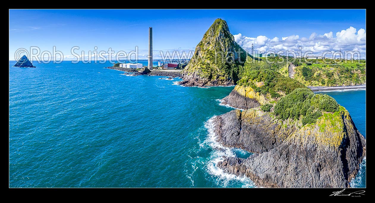 Image of Sugarloaf Islands Nga Motu, in front of Paritutu Rock (154m) and power station chimney (198m).  Pararaki (Seagull Rock) and Mataora (Round Rock) right. Aerial panorama, New Plymouth, New Plymouth District, Taranaki Region, New Zealand (NZ) stock photo image