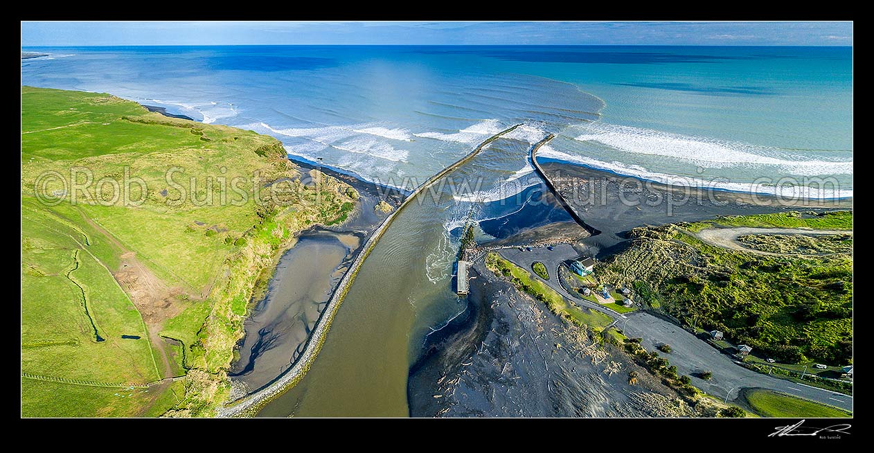 Image of Patea River mouth, with training walls, breakwaters or moles.  South Taranaki Bight. Aerial panorama, Patea, South Taranaki District, Taranaki Region, New Zealand (NZ) stock photo image