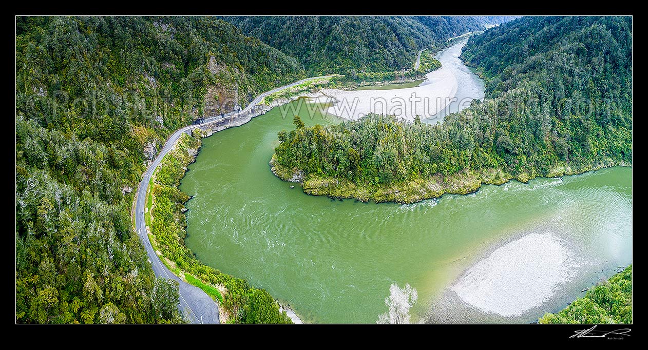 Image of Buller River rounding Dee Point, with Hawks Crag visible on State Highway 6 (SH6) at left. Lower Buller Gorge aerial panorama, Westport, Buller District, West Coast Region, New Zealand (NZ) stock photo image