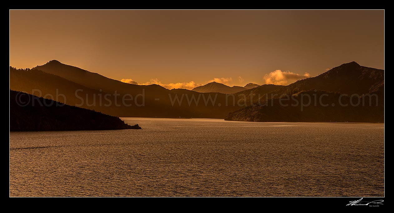 Image of Queen Charlotte Sound, looking across to Lochmara Bay and Double Cove. Mt Te Mahia (416m) left. Wedge Point left. Panorama at dusk. Picton, Marlborough Sounds, Marlborough District, Marlborough Region, New Zealand (NZ) stock photo image