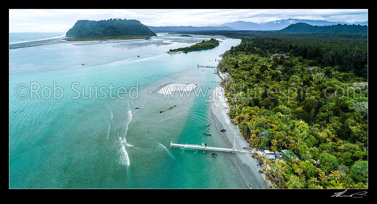 Image of Whitebait stands on the lower Wanganui River, were permitted commercial stands operate up to 30m in length. Often built to be lifted above river flood levels. Aerial panorama, Harihari, Westland District, West Coast Region, New Zealand (NZ) stock photo image