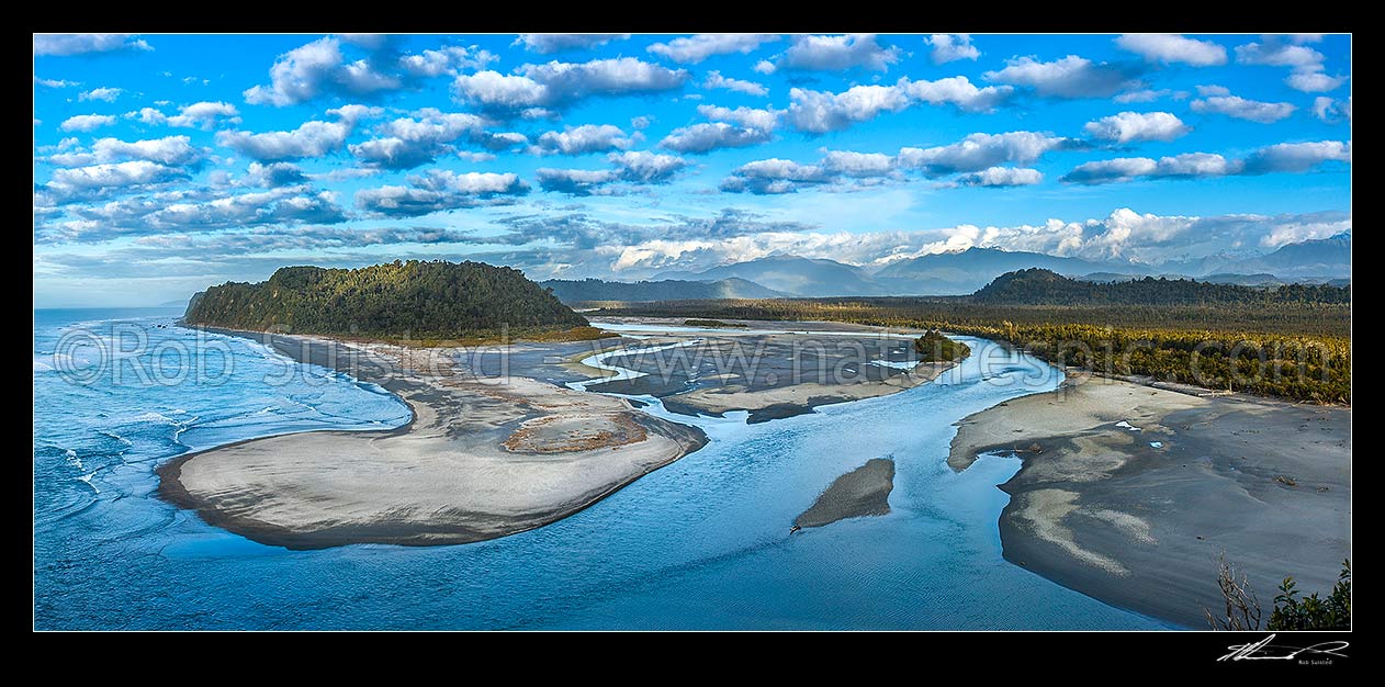 Image of Wanganui River mouth and Wanganui Heads seen from Mt Oneone (56m). Wanganui Bluff at left. Main Divide and Southern Alps behind. Panorama, Harihari, Westland District, West Coast Region, New Zealand (NZ) stock photo image