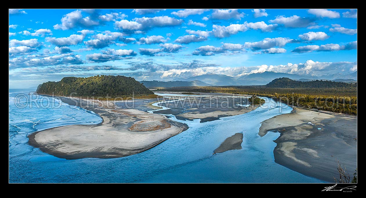 Image of Wanganui River mouth and Wanganui Heads seen from Mt Oneone (56m). Wanganui Bluff at left. Main Divide and Southern Alps behind. Panorama, Harihari, Westland District, West Coast Region, New Zealand (NZ) stock photo image