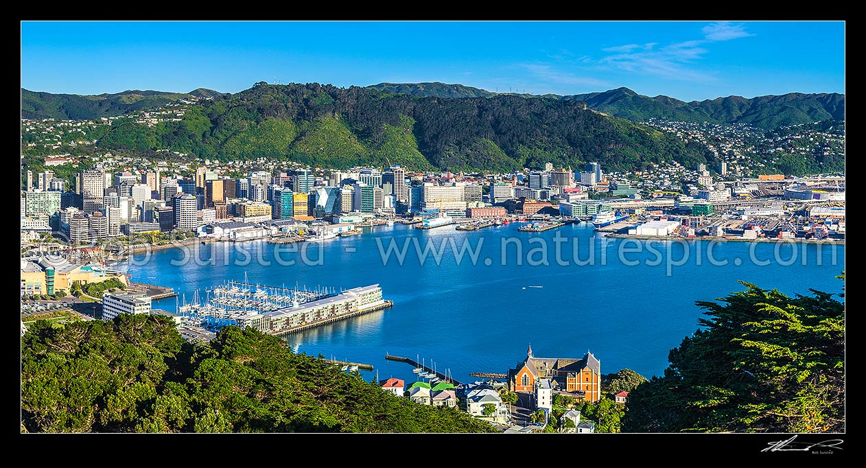 Image of Wellington City CBD, Lambton Harbour, Port and hillside suburbs seen from Mt Victoria. Clyde Quay Wharf centre left, and St Gerards Monastry right. Panorama, Wellington, Wellington City District, Wellington Region, New Zealand (NZ) stock photo image