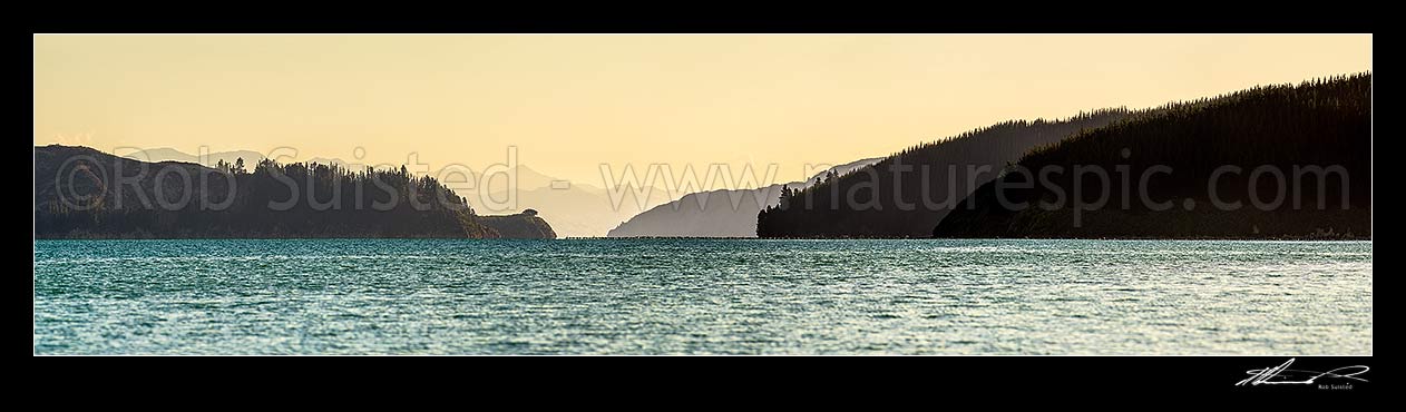 Image of Port Underwood, looking south towards Kaikoura Ranges and Ferny Gair (1670m) Peak beyond. Mussel farms prominent from Fata morgana effect. Panorama, Port Underwood, Marlborough District, Marlborough Region, New Zealand (NZ) stock photo image