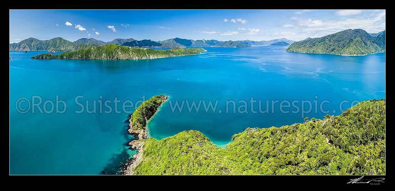 Image of Motuara Island Scenic and Historic Reserve and Hippa Island. Outer Queen Charlotte Sound. Looking towards Long Island (left) and Arapaoa (Arapawa) Island beyond. Aerial panorama, Marlborough Sounds, Marlborough District, Marlborough Region, New Zealand (NZ) stock photo image