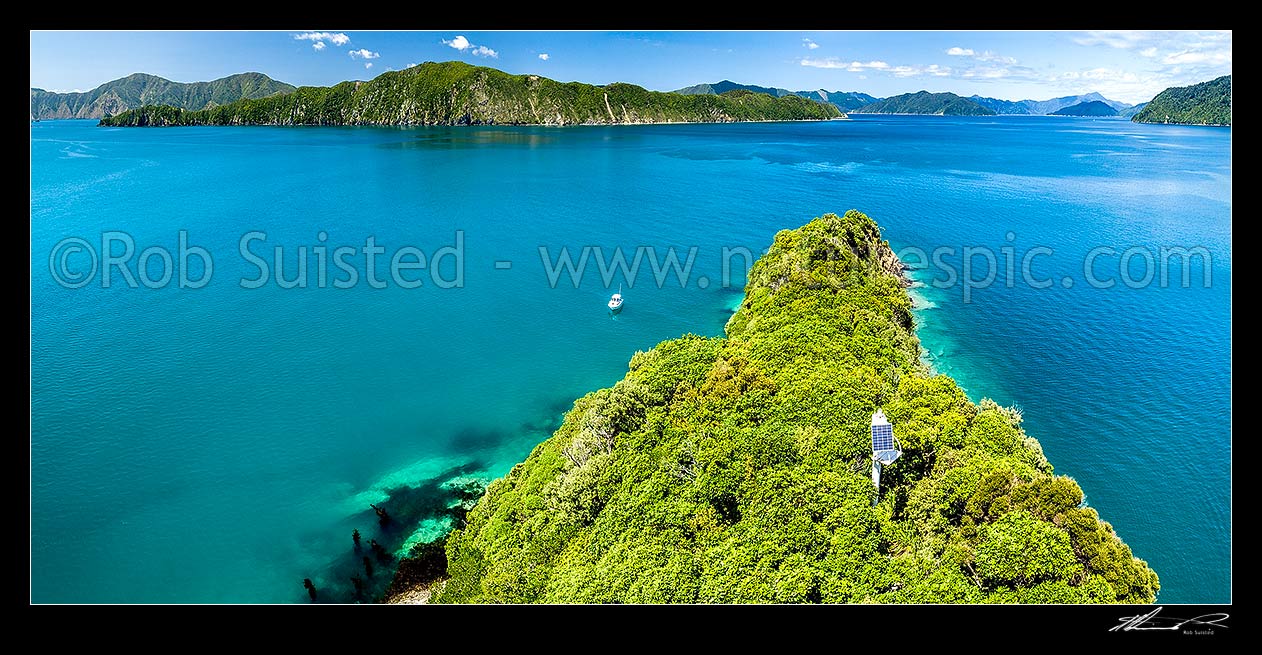 Image of Hippa Island beside Motuara Island Scenic and Historic Reserve. Outer Queen Charlotte Sound, looking south past Long Island. Aerial panorama, Marlborough Sounds, Marlborough District, Marlborough Region, New Zealand (NZ) stock photo image