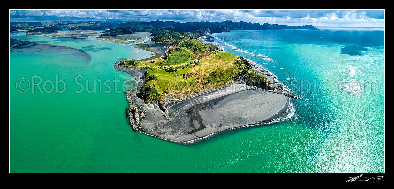 Image of Te Maika Peninsula on Kawhia Harbour mouth. Opapaka Point, Ohanga, Urawhitiki Point in foreground, Albatross Point far right. Aerial panorama, Kawhia, Otorohanga District, Waikato Region, New Zealand (NZ) stock photo image