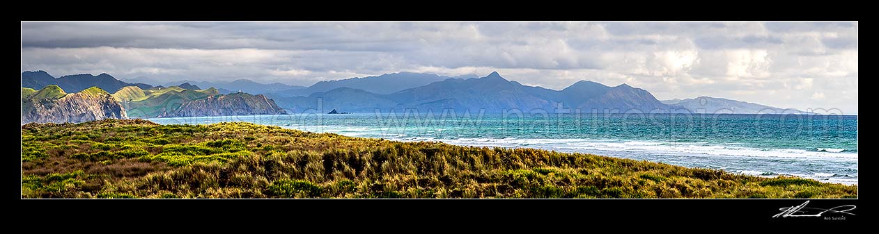 Image of Taharoa coastline looking south past Motunau Rocks and Mt Pehimatea (468M) to Tirua Point far right. Taharoa coastal navigation markers visible. Panorama, Taharoa, Waitomo District, Waikato Region, New Zealand (NZ) stock photo image