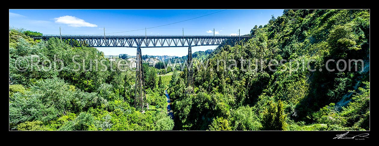 Image of Makohine Viaduct, finished in 1902 as part of the North Island Main Trunk (NIMT) railway. 72 metres high and 228m span. Aerial view, Ohingaiti, Rangitikei District, Manawatu-Wanganui Region, New Zealand (NZ) stock photo image