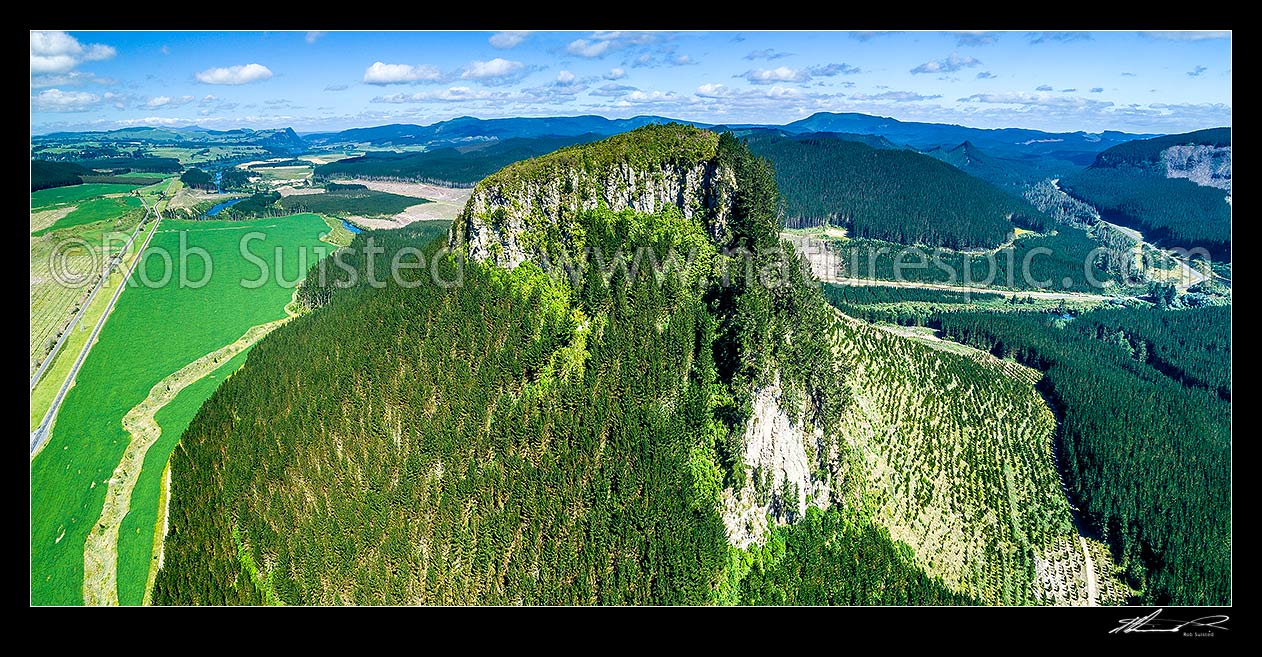 Image of Mt Pohaturoa Peak (540m) beside the Waikato River, a lava dome in Maroa volcanic centre, historic Pa site for Maori, and significant to Ngati Whaita. Aerial panorama, Atiamuri, Taupo District, Waikato Region, New Zealand (NZ) stock photo image