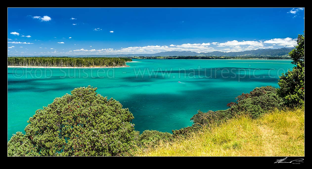 Image of Tauranga Harbour at Katikati entrance from Papatu Point Pa site. Matakana Island top left. Panorama, Bowentown, Waihi Beach, Western Bay of Plenty District, Bay of Plenty Region, New Zealand (NZ) stock photo image