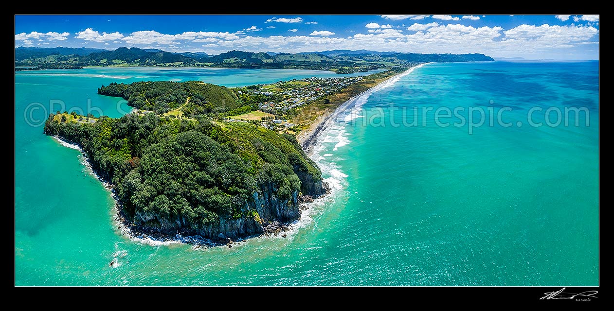 Image of Waihi Beach and Bowentown Heads seen from above Te Ho Pa site on Eastern Hill. Looking along Ocean Beach towards Waihi Beach and Rapatiotio Point at right. Aerial panorama, Bowentown, Waihi Beach, Western Bay of Plenty District, Bay of Plenty Region, New Zealand (NZ) stock photo image