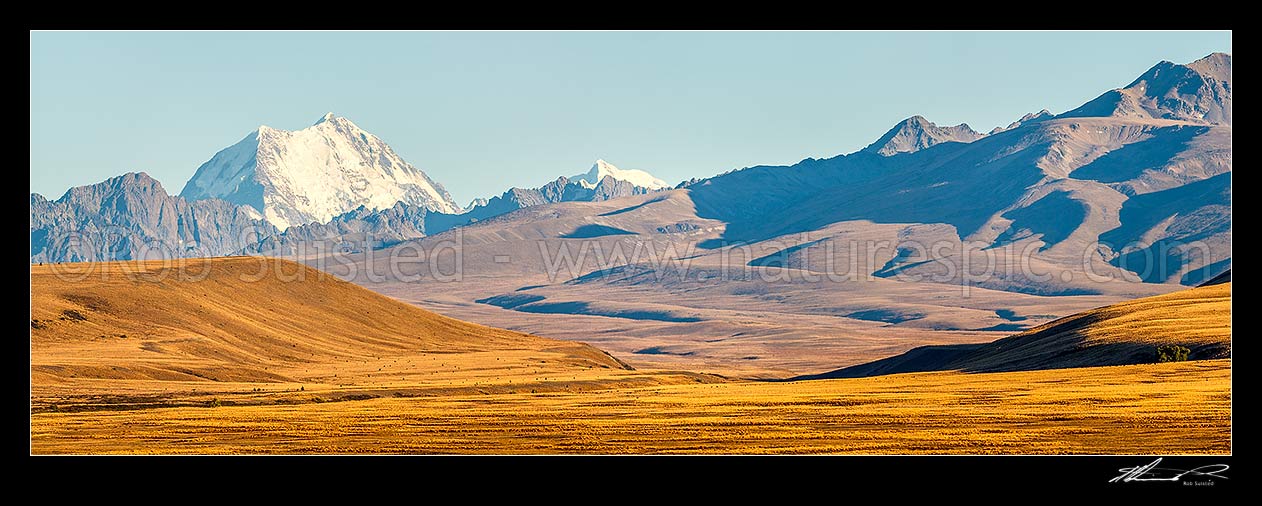 Image of MacKenzie Basin barren high country farmland, looking towards the Braemar Conservation Area, Burnett Mountains and Aoraki Mt Cook (3754m) towering above. Panorama, Tekapo, MacKenzie District, Canterbury Region, New Zealand (NZ) stock photo image