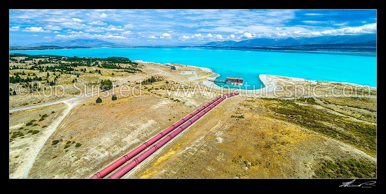 Image of Tekapo B (Pukaki) power station for hydroelectric power generation, fed by penstocks from the Tekapo Canal into Lake Pukaki, MacKenzie Basin. Aerial view, Lake Pukaki, MacKenzie District, Canterbury Region, New Zealand (NZ) stock photo image