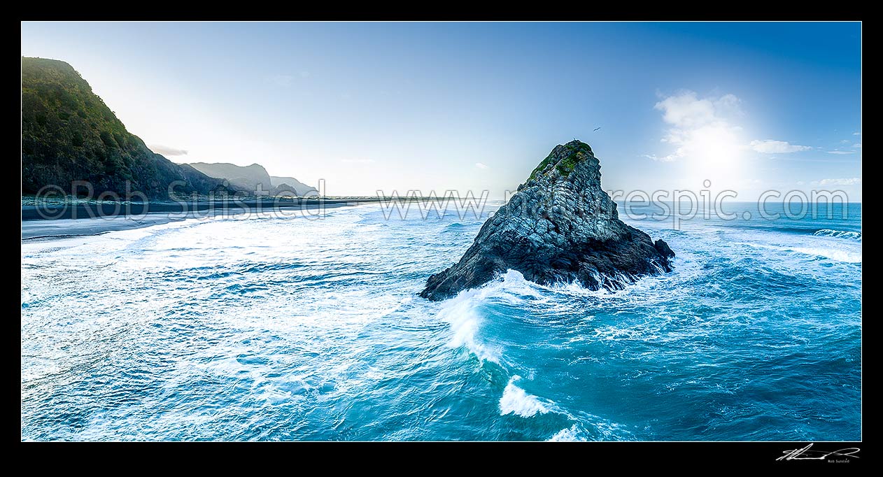 Image of Panatahi Island offshore of Karekare Beach and Karekare Point. Aerial view looking towards Whatipu. Dawn aerial panorama, Karekare Beach, Waitakere City District, Auckland Region, New Zealand (NZ) stock photo image