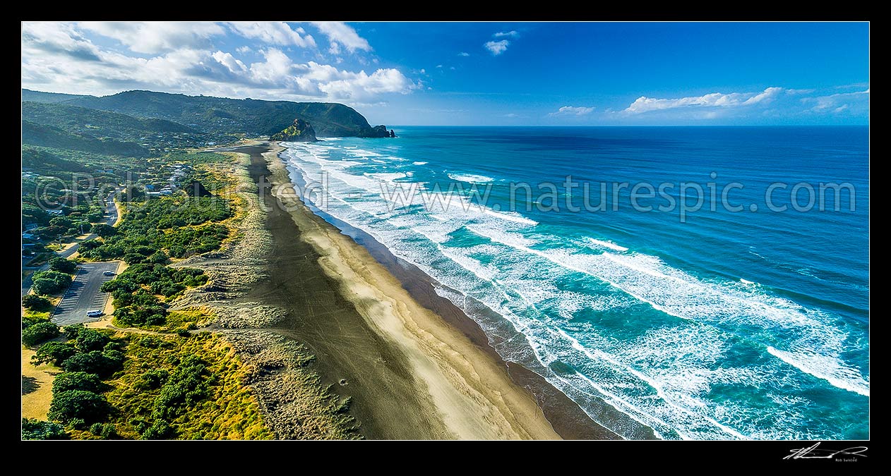 Image of North Piha Beach, and Kohunui Bay, seen from Te Waha Point. Lion Rock and Kaiwhare Point distant. Waitakere Ranges, West Auckland. Panorama, Piha Beach, Waitakere City District, Auckland Region, New Zealand (NZ) stock photo image