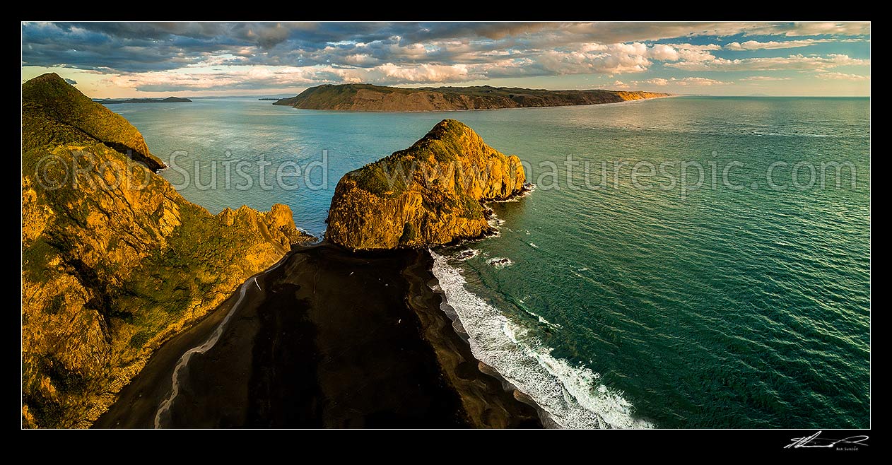 Image of Manukau Harbour entrance at Whatipu Beach, with Paratutae Island and Wonga wonga Bay centre. South Head and Awhitu behind. Aerial panorama, Whatipu Beach, Waitakere City District, Auckland Region, New Zealand (NZ) stock photo image