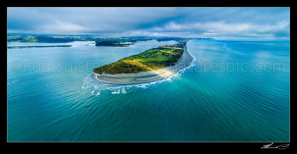 Image of Ohiwa Harbour mouth, looking west over Port Ohope, towards Ohope Beach and Kohi Point distant right. Aerial panorama, Ohope, Bay of Plenty, Western Bay of Plenty District, Bay of Plenty Region, New Zealand (NZ) stock photo image