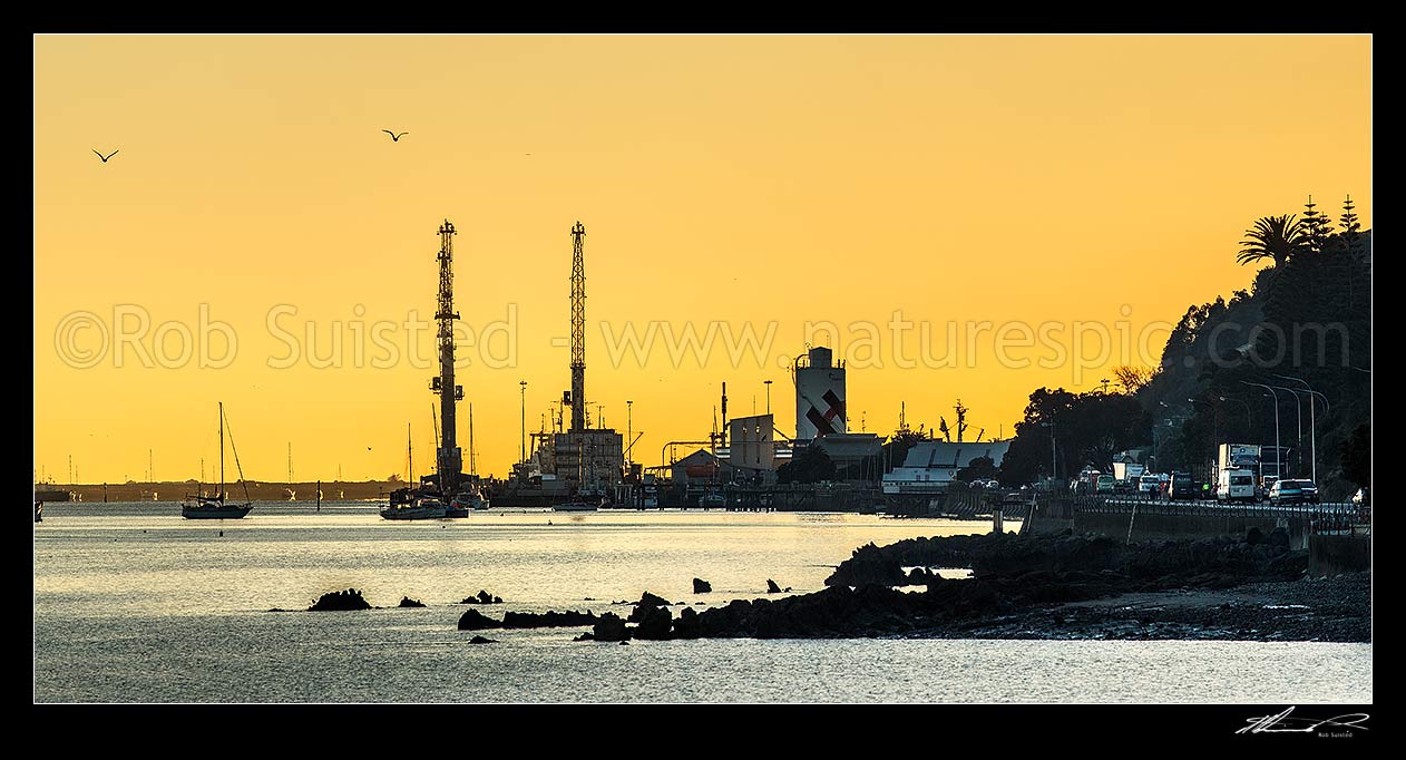 Image of Port Nelson and Nelson Haven at dawn on a calm autumn morning. Seen from Wakefield Quay. Panorama, Nelson, Nelson City District, Nelson Region, New Zealand (NZ) stock photo image