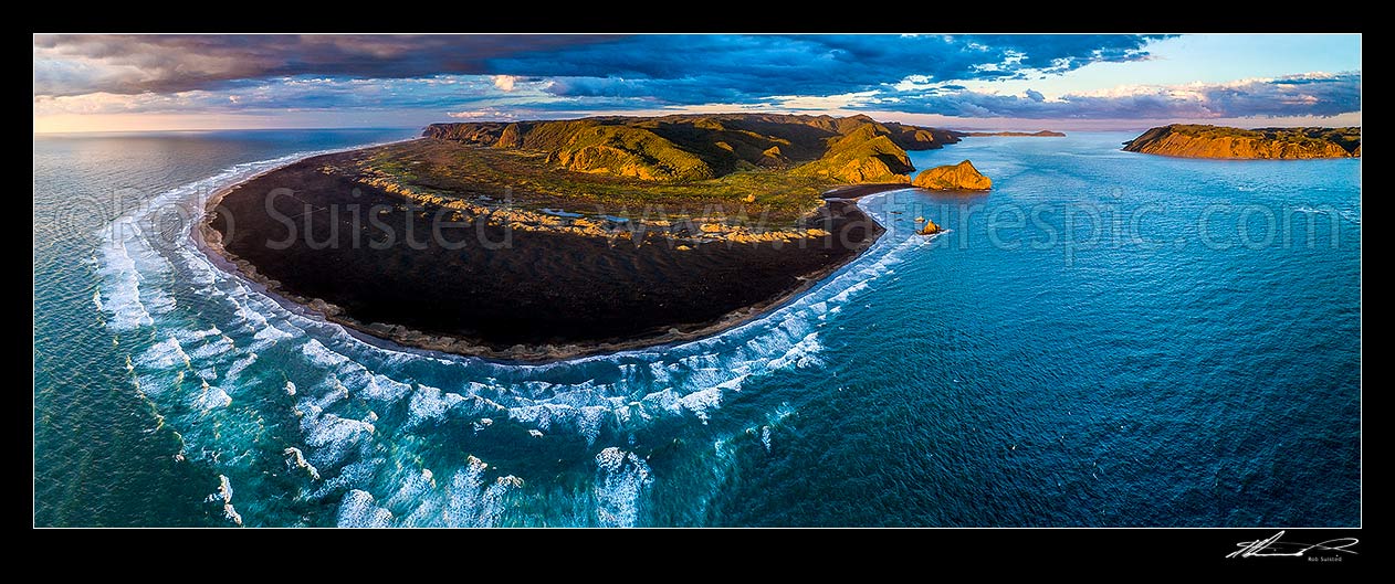 Image of Whatipu Beach and Manukau Harbour entrance. Ninepin Rock, Paratutae Island and Cornwallis Peninula centre right, South Head far right. Aerial panorama, Whatipu Beach, Waitakere City District, Auckland Region, New Zealand (NZ) stock photo image