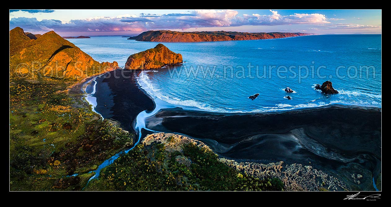 Image of Manukau Harbour entrance at Whatipu Beach, with Paratutae Island and Wonga wonga Bay centre left. Ninepin Rock right, South Head and Awhitu beyond. Aerial panorama at dusk, Whatipu Beach, Waitakere City District, Auckland Region, New Zealand (NZ) stock photo image