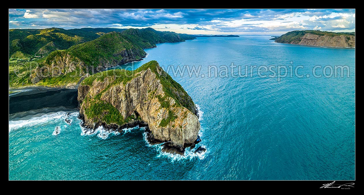 Image of Manukau Harbour entrance, with Paratutae Island, Wongawonga Bay, and Nahana Point at left, Cornwallis Peninsula behind, and Awhitu Peninsula South Head at right. Aerial panorama, Whatipu Beach, Waitakere City District, Auckland Region, New Zealand (NZ) stock photo image