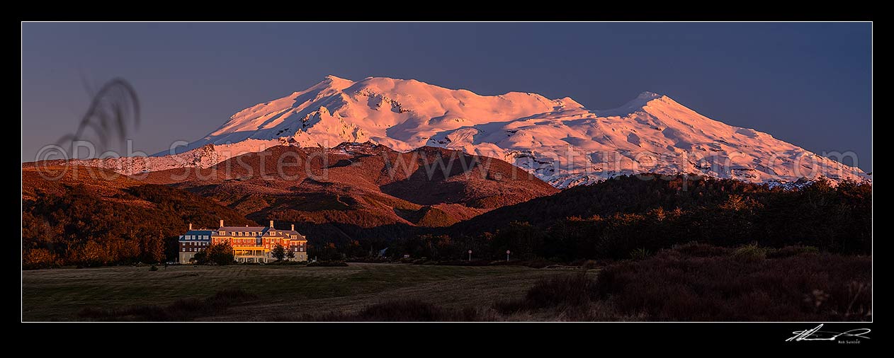 Image of Mt Ruapehu (2797m) above the Grand Chateau at Whakapapa Village. Panorama at dusk, Tongariro National Park, Ruapehu District, Manawatu-Wanganui Region, New Zealand (NZ) stock photo image