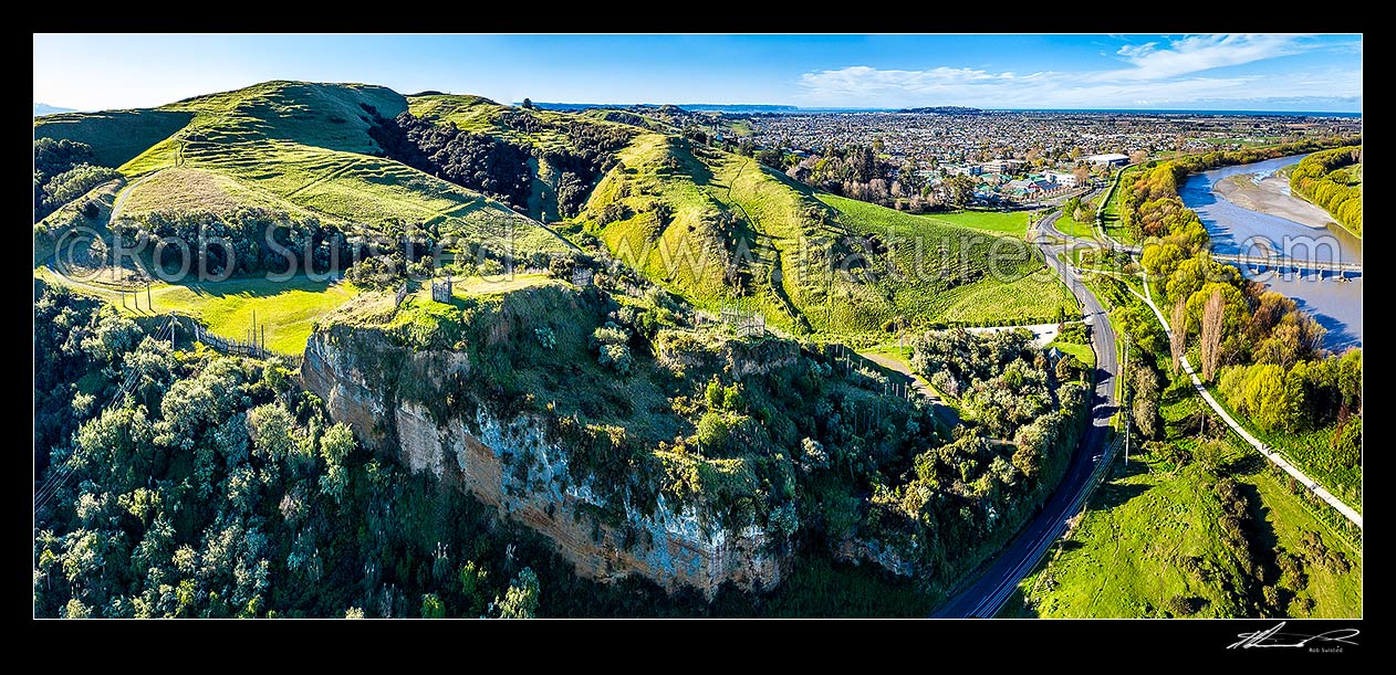 Image of Otatara Pa Historic Reserve, near Waiohiki, beside the Tutaekuri River. One of the largest pa complexes in NZ, administered by DOC. Aerial panorama, Taradale, Napier City District, Hawke's Bay Region, New Zealand (NZ) stock photo image