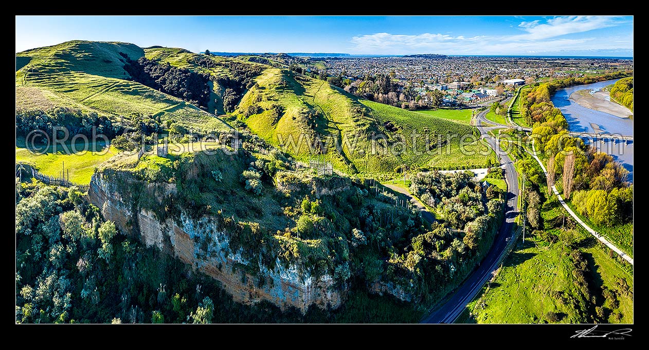 Image of Otatara Pa Historic Reserve, near Waiohiki, beside the Tutaekuri River. One of the largest pa complexes in NZ, administered by DOC. Aerial view, Taradale, Napier City District, Hawke's Bay Region, New Zealand (NZ) stock photo image