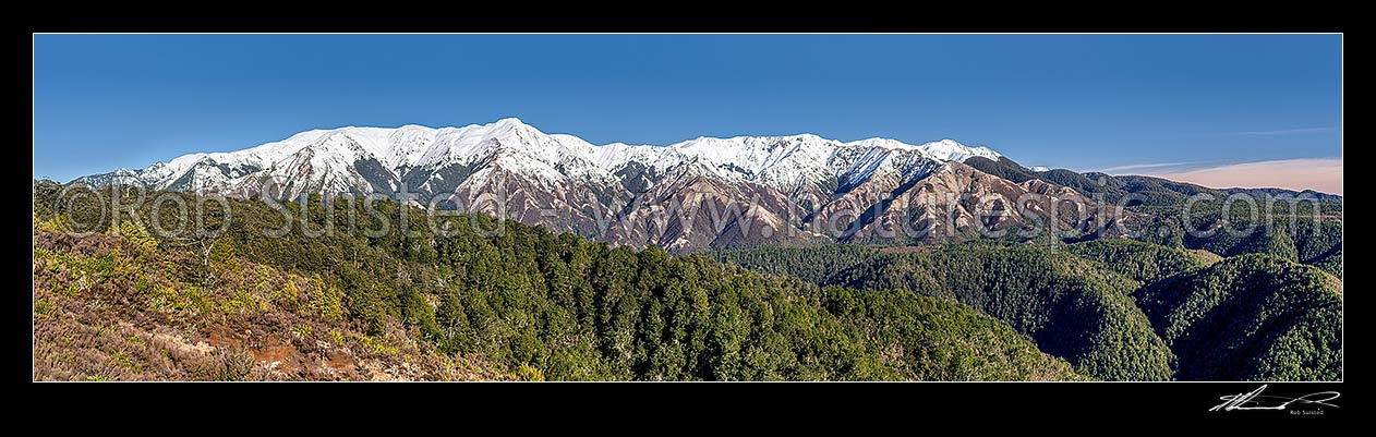 Image of Kaweka Range, Kaweka Forest Park, in winter snow. Mt Kaweka (1724m) highest point. Seen from the east. Panorama, Puketitiri, Hastings District, Hawke's Bay Region, New Zealand (NZ) stock photo image