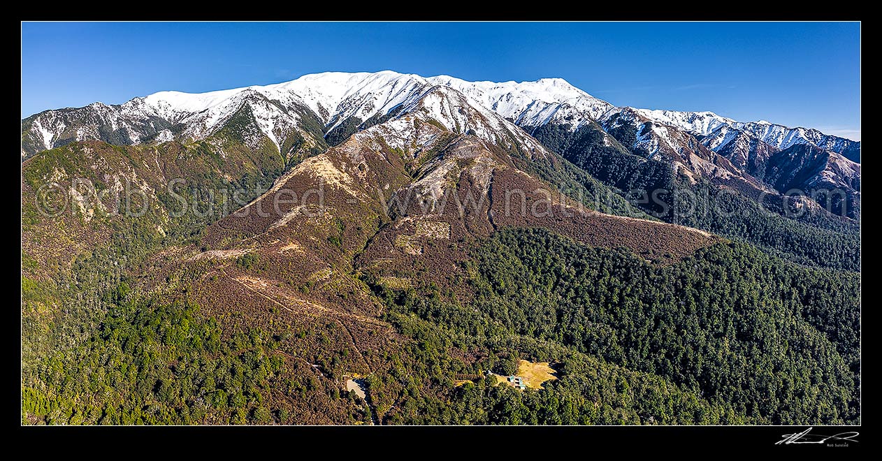 Image of Kaweka Range and Makahu Saddle Road end. Aerial panorama across to Mt Kaweka (1724m) in winter snow, Puketitiri, Hastings District, Hawke's Bay Region, New Zealand (NZ) stock photo image