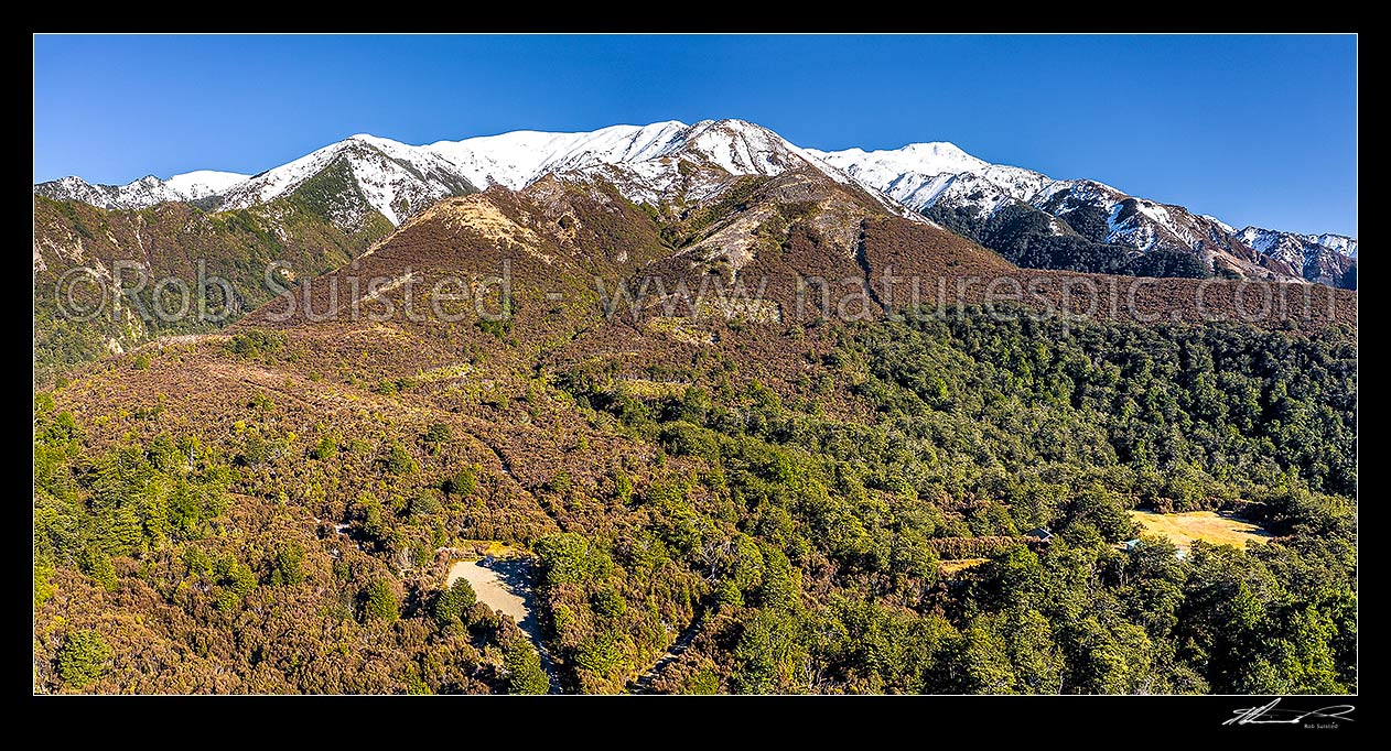 Image of Kaweka Range and Makahu Saddle Road end. Aerial panorama across to Mt Kaweka (1724m) in winter snow, Puketitiri, Hastings District, Hawke's Bay Region, New Zealand (NZ) stock photo image