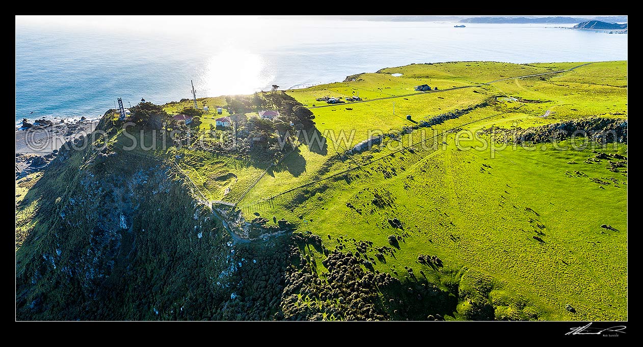 Image of Baring Head earthquake faultline scarp. Looking north west over scarp towards Cook Strait and Wellington Harbour entrance. East Harbour Regional Park. Aerial panorama, Baring Head, Hutt City District, Wellington Region, New Zealand (NZ) stock photo image