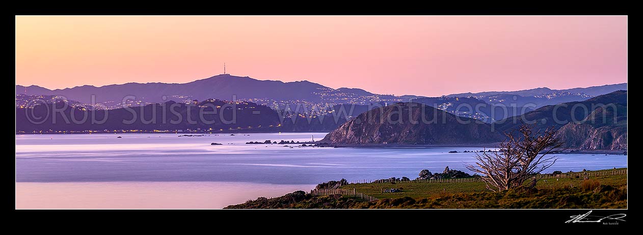 Image of Wellington City and Wellington Harbour entrance, seen from Baring Head East Harbour Regional Park. Pencarrow Head lighthouses centre. Mt Kaukau above. Evening panorama, Baring Head, Hutt City District, Wellington Region, New Zealand (NZ) stock photo image