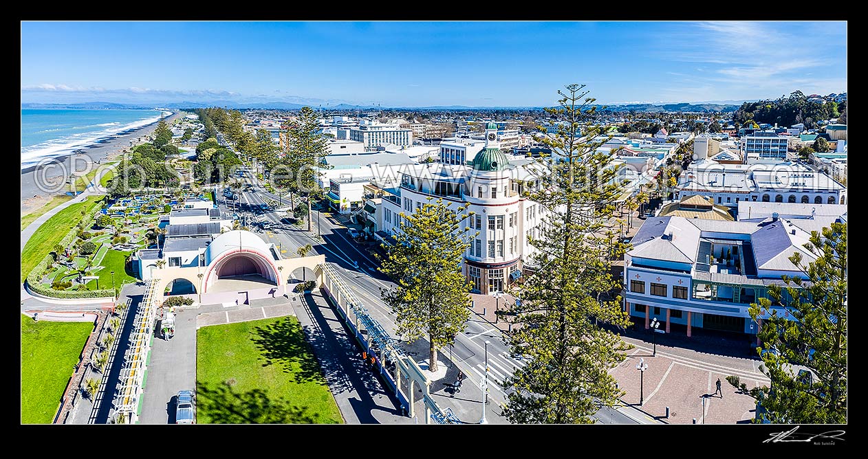 Image of Napier Marine Parade and foreshore, with Art Deco landmarks such as the Soundshell and T&G Building visible. Aerial panorama, Napier, Napier City District, Hawke's Bay Region, New Zealand (NZ) stock photo image